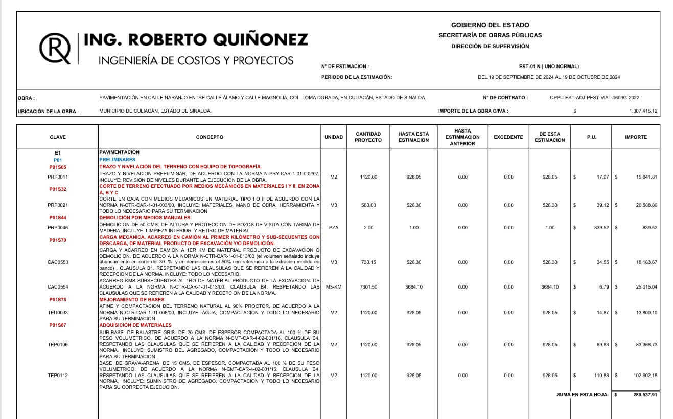 ejemplo de estimacion de obra en mexico