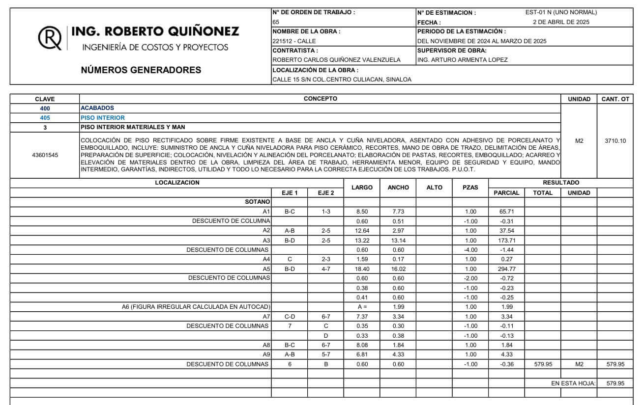 numeros generadores en estimaciones de obra